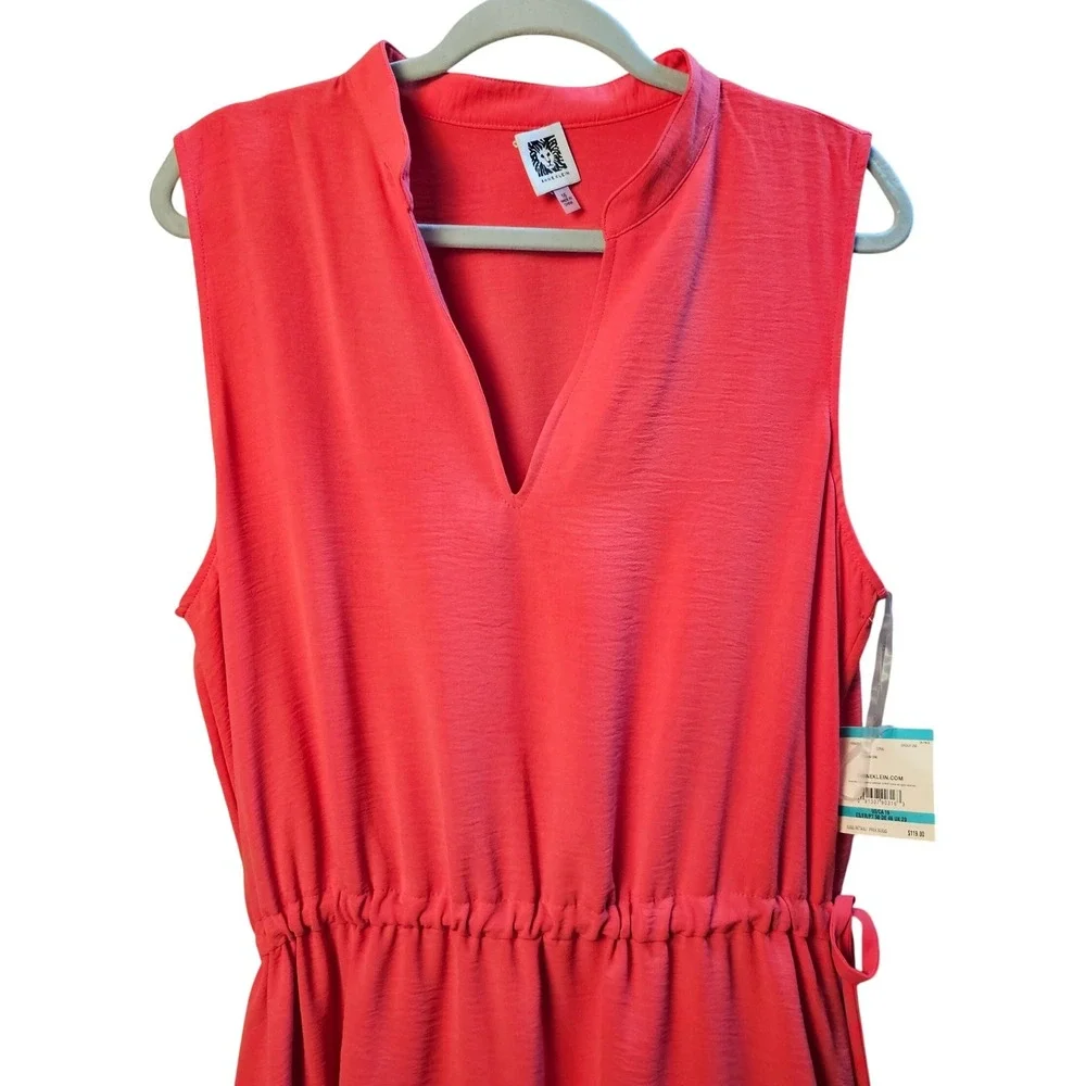 Anne Klein Coral Pink Sleeveless Split Neck Drawstring Waist Midi Dress 16 NEW - Picture 3 of 12